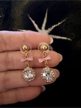 Gold-Tone Pink Bow Drop Earrings with Clear Crystal Halo